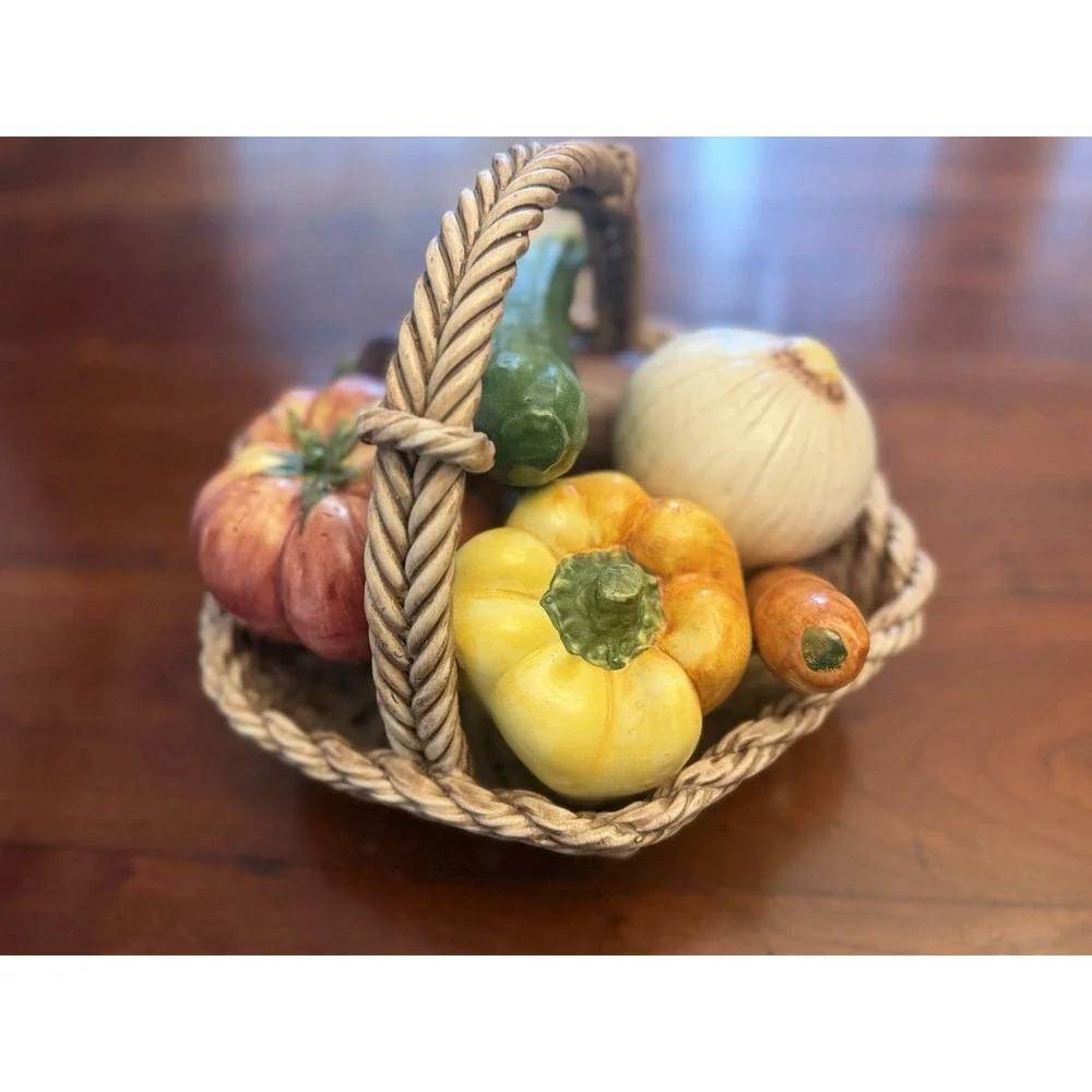 Vintage Italian Ceramic Rope Basket Vegetable Centerpiece Tomato Eggplant